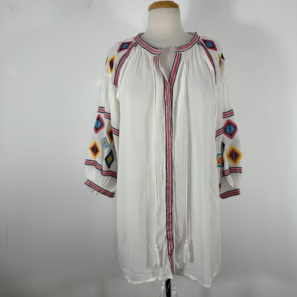 NWT VELZERA | Swimsuit Cover Tunic Of White Embroidery Tassels Buttons Front M